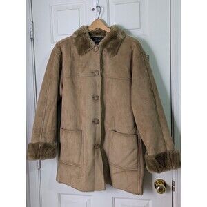 FU DA NY Coat Medium Tan Faux Suede & Fur Lined Pockets Collar Heavyweight Cozy